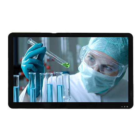 All-in-one pc scherm met laborant die reageerbuis vasthoudt in een laboratoriumomgeving