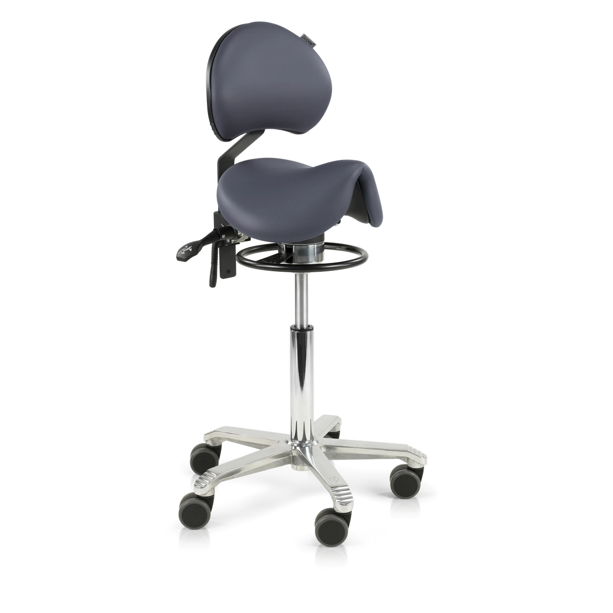 Score Amazone Balance ergonomische zadelstoel met naadloos gestoffeerde zadelzitting, balansmechanisme en lendensteun op transparante achtergrond