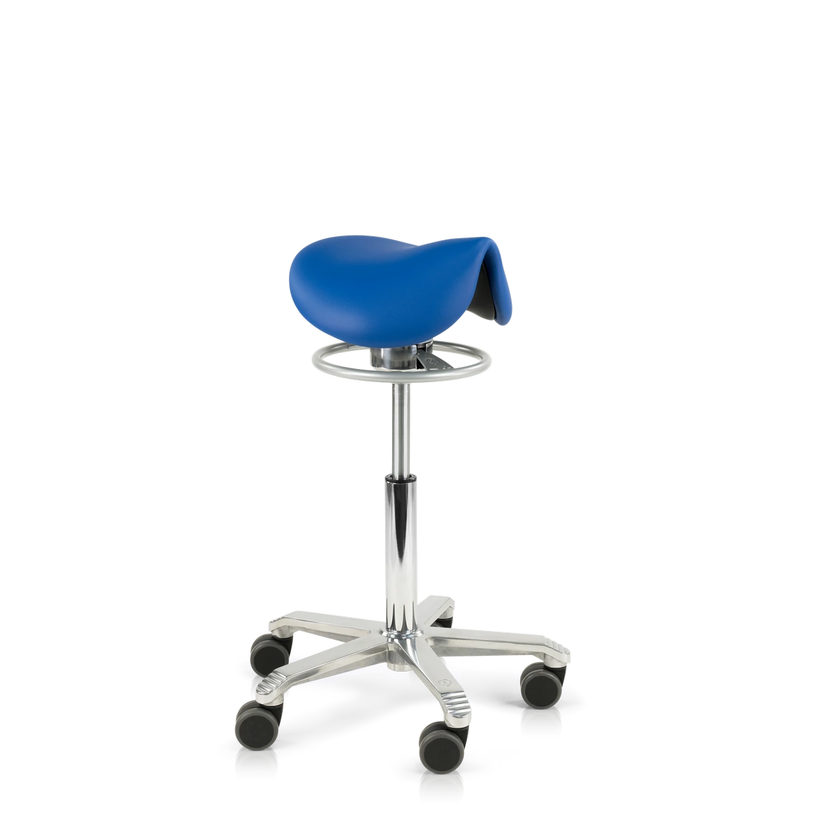 Zijaanzicht van de Score Amazone Balance ergonomische zadelstoel met naadloos gestoffeerde zadelzitting en balansmechanisme op transparante achtergrond