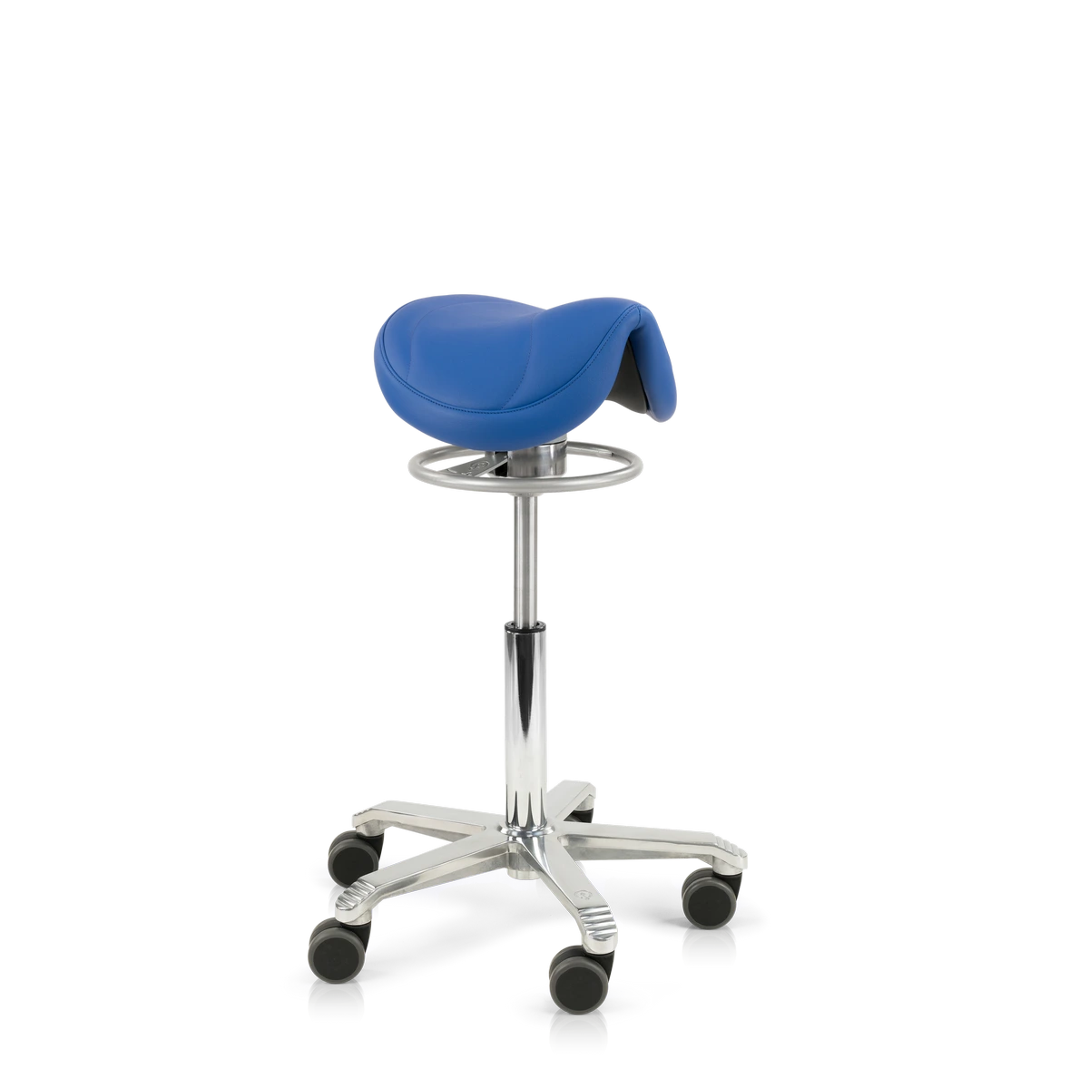 Links zijaanzicht van de Score Amazone Balance ergonomische zadelstoel met balansmechanisme en verrijdbare voet op transparante achtergrond