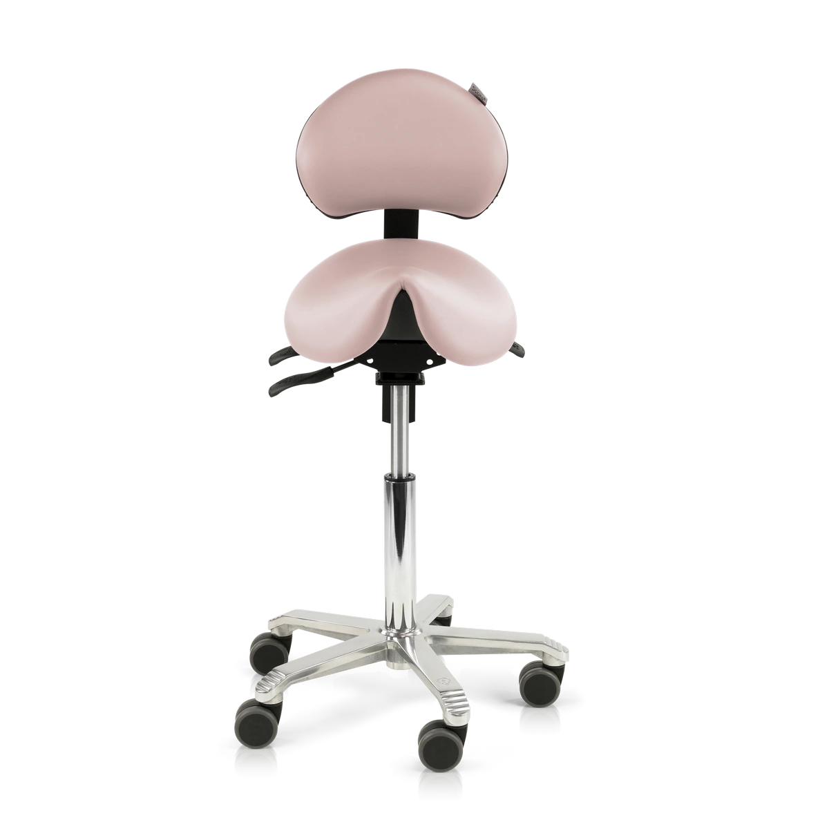 Vooraanzicht van de Score Amazone ergonomische zadelstoel met lendensteun en naadloos gestoffeerde zadelzitting op transparante achtergrond