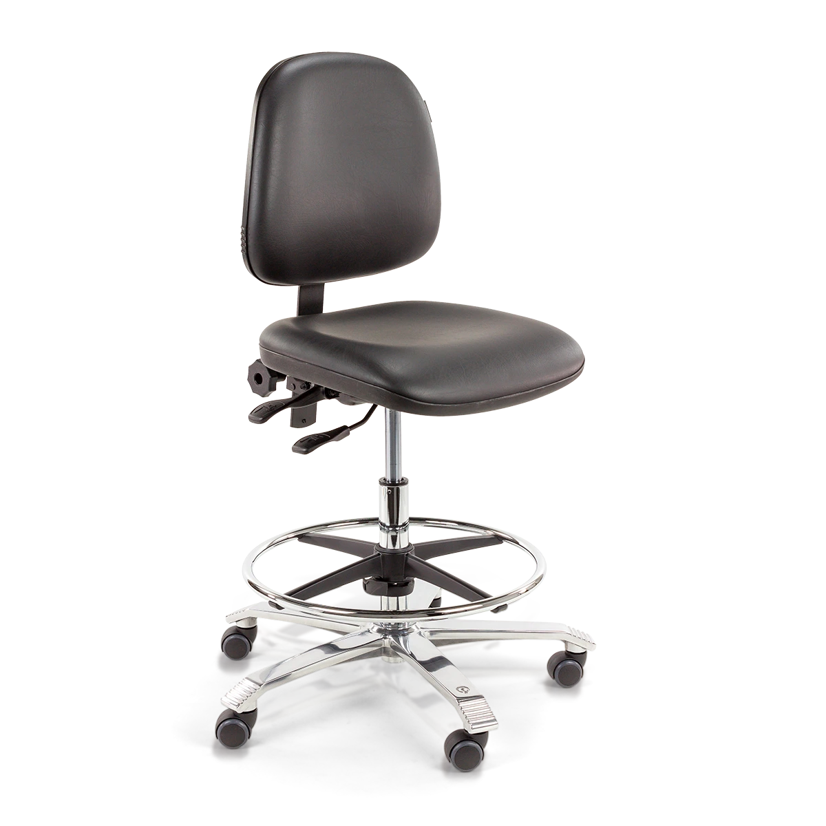 Zijaanzicht van de Score Ergo 2301 ergonomische laboratoriumstoel met rugleuning op transparante achtergrond