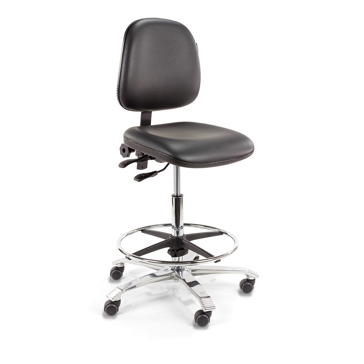 Zijaanzicht van de Score Ergo 2302 ergonomische laboratoriumstoel met rugleuning op transparante achtergrond