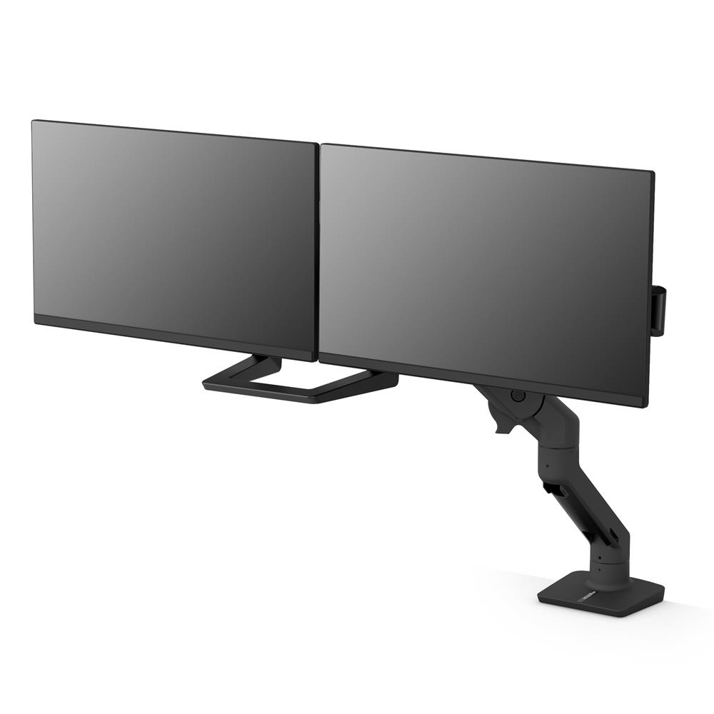 Vooraanzicht van de Ergotron HX desk dual monitor arm met dubbele monitorarmen op transparante achtergrond