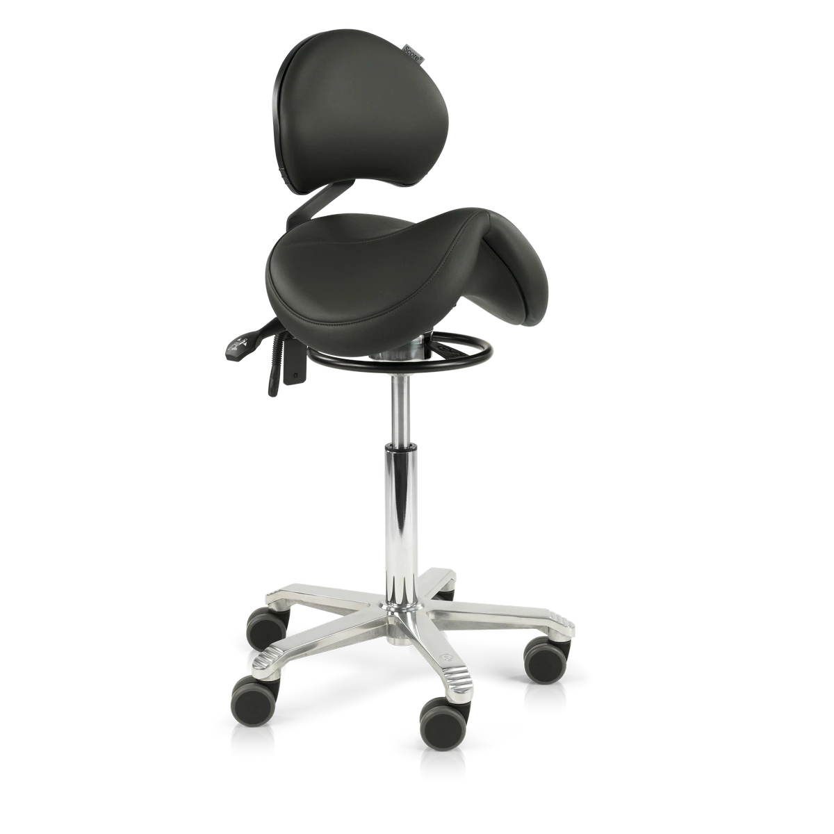 Vooraanzicht van de Score Jumper Balance ergonomische zadelstoel met zadelzitting, balansmechanisme en lendensteun op transparante achtergrond