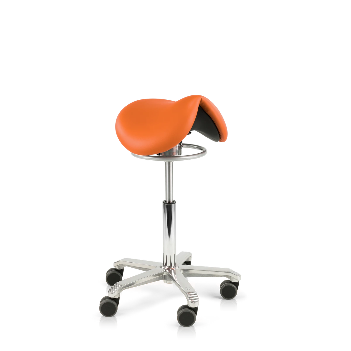 Zijaanzicht van de Score Jumper Balance ergonomische zadelstoel met naadloos gestoffeerde zadelzitting en balansmechanisme op transparante achtergrond