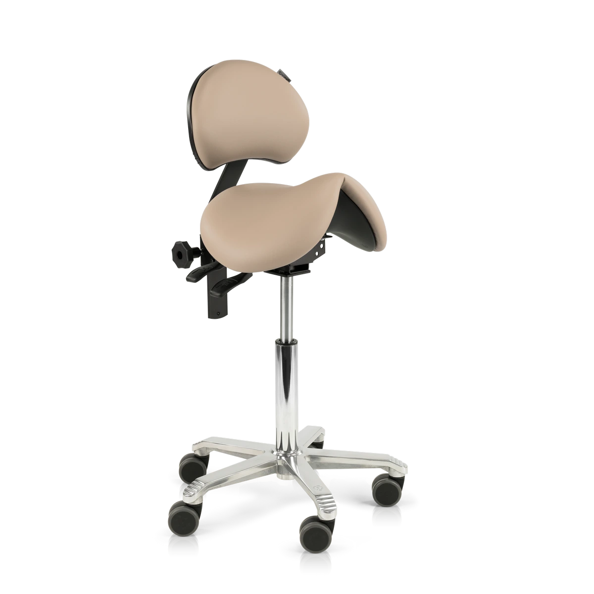 Score Jumper ergonomische zadelstoel met naadloos gestoffeerde zadelzitting en lendensteun op transparante achtergrond