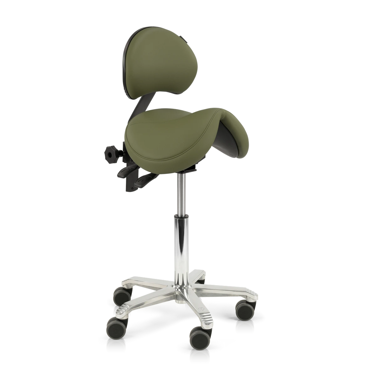 Vooraanzicht van de Score Jumper ergonomische zadelstoel met zadelvormige zitting en lendensteun op transparante achtergrond