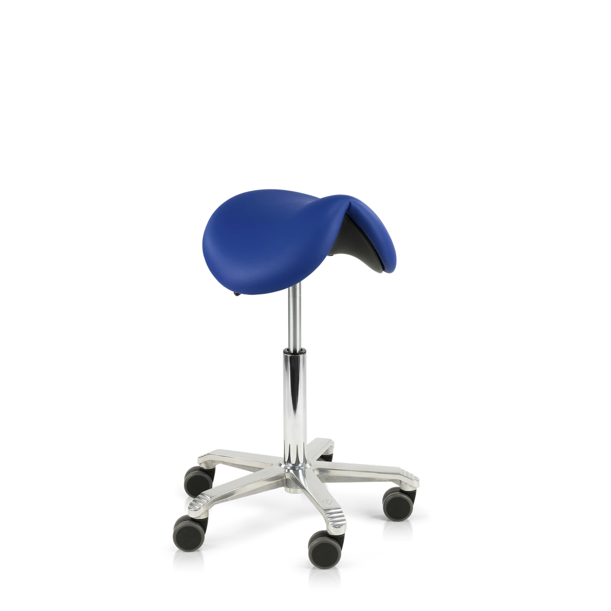 Achteraanzicht van de Score Jumper ergonomische zadelstoel met naadloos gestoffeerde zadelzitting op transparante achtergrond