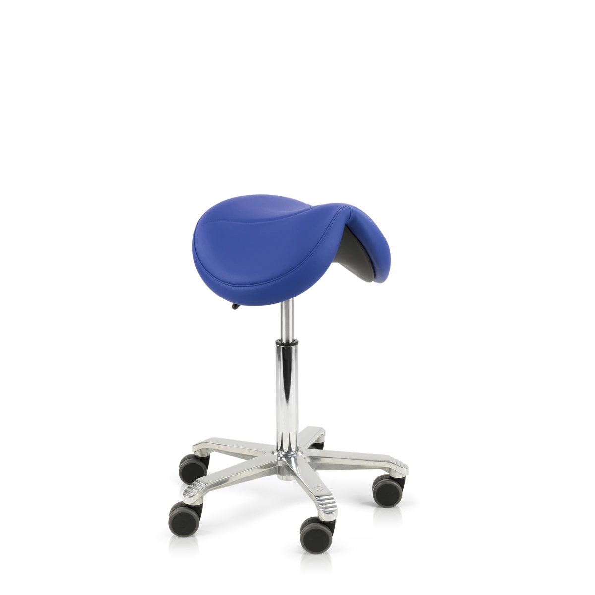 Zijaanzicht van de Score Jumper ergonomische zadelstoel met zadelvormige zitting en verrijdbare voet op transparante achtergrond