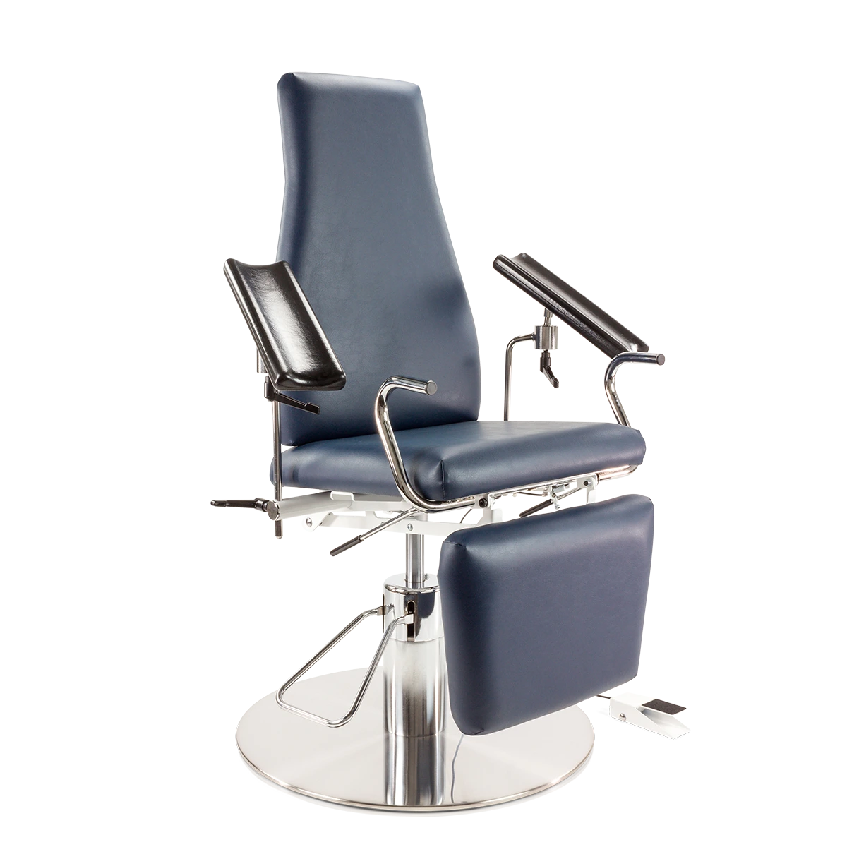 Links zijaanzicht van de Score Levant ergonomische laboratoriumstoel met trompetzuil onderstel op transparante achtergrond