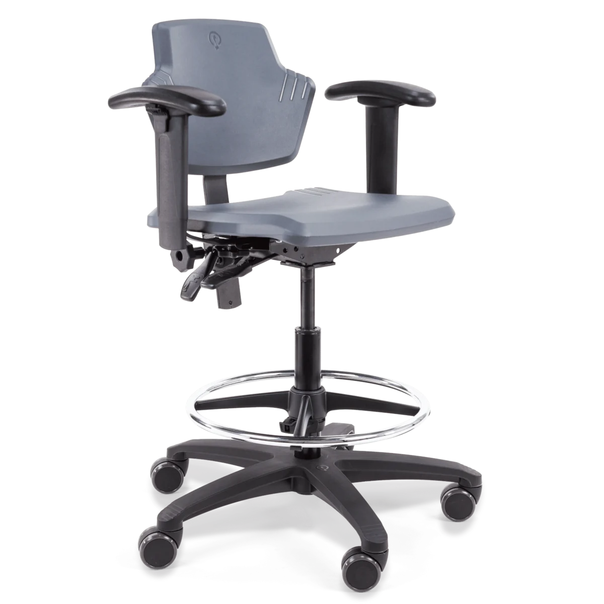 Zijaanzicht van de Score Spirit 1501 ergonomische laboratoriumstoel met rugleuning op transparante achtergrond