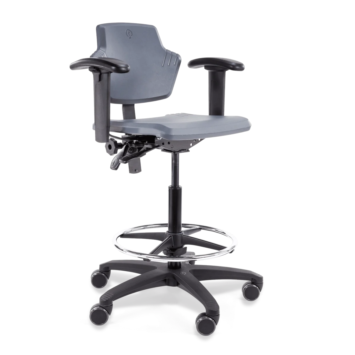 Links zijaanzicht van de Score Spirit 1502 ergonomische laboratoriumstoel met rugleuning op transparante achtergrond