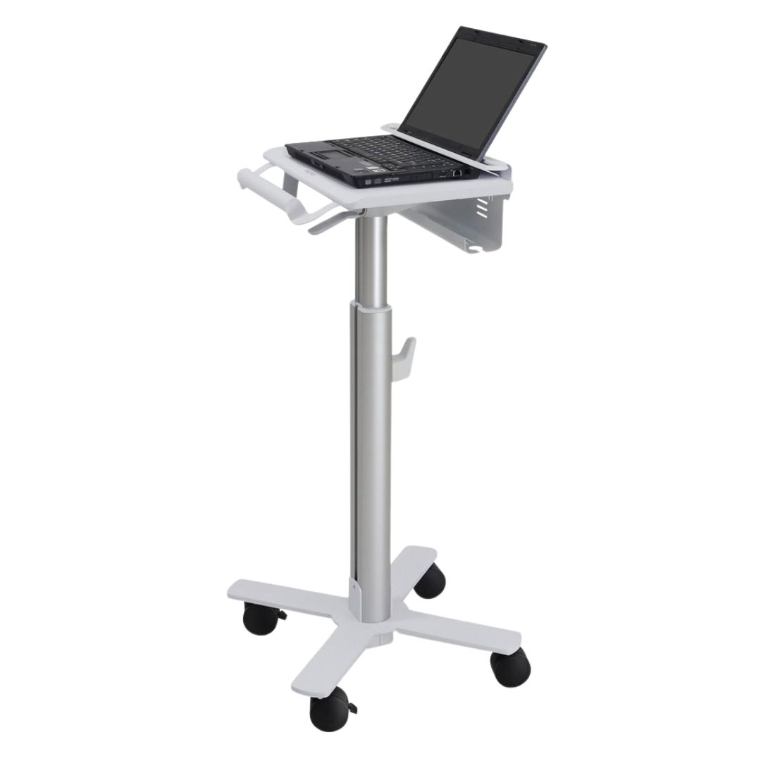 Vooraanzicht van de Ergotron StyleView SV10 laptop cart met werkblad en verrijdbaar onderstel op transparante achtergrond