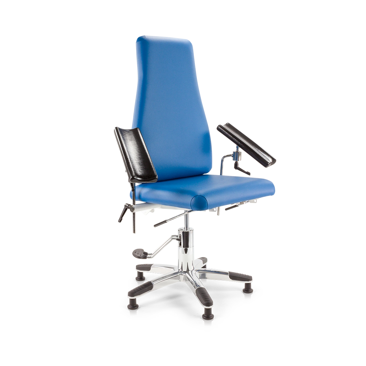 Vooraanzicht van de Score Vena Hydro bloedafnamestoel met verstelbare armsteunen op transparante achtergrond